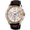 Casio MTP-1374L-7A analog watch with silver dial, genuine leather strap, day-date-24-hour subdials, and 50-meter water resistance.