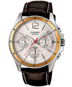 Casio MTP-1374L-7A analog watch with silver dial, genuine leather strap, day-date-24-hour subdials, and 50-meter water resistance.