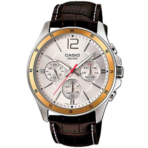 Casio MTP-1374L-7A analog watch with silver dial, genuine leather strap, day-date-24-hour subdials, and 50-meter water resistance.