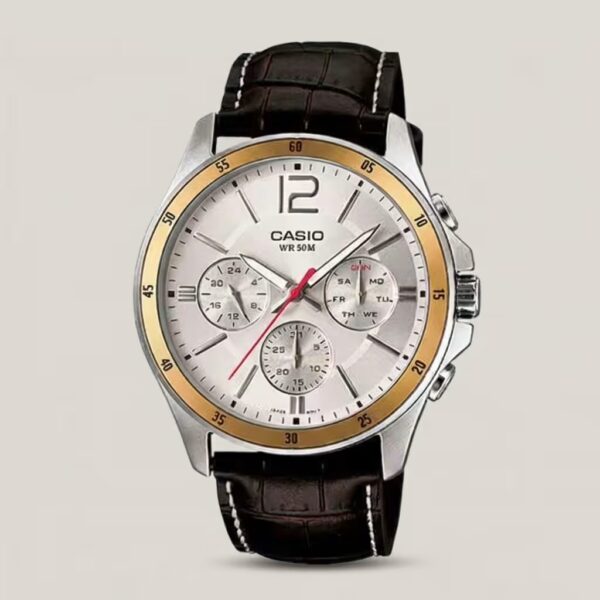 Casio MTP-1374L-7A analog watch with silver dial, genuine leather strap, day-date-24-hour subdials, and 50-meter water resistance.