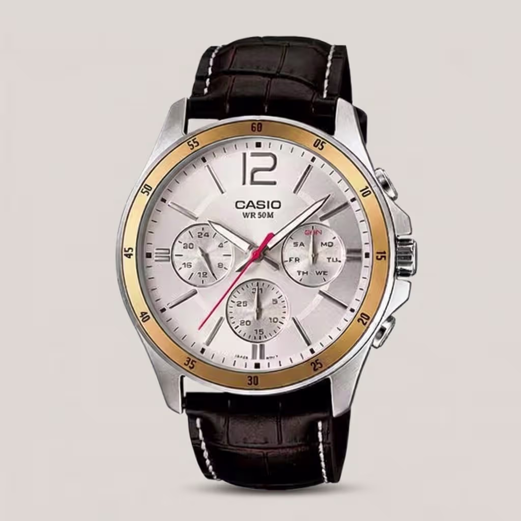 Casio MTP-1374L-7A analog watch with silver dial, genuine leather strap, day-date-24-hour subdials, and 50-meter water resistance.