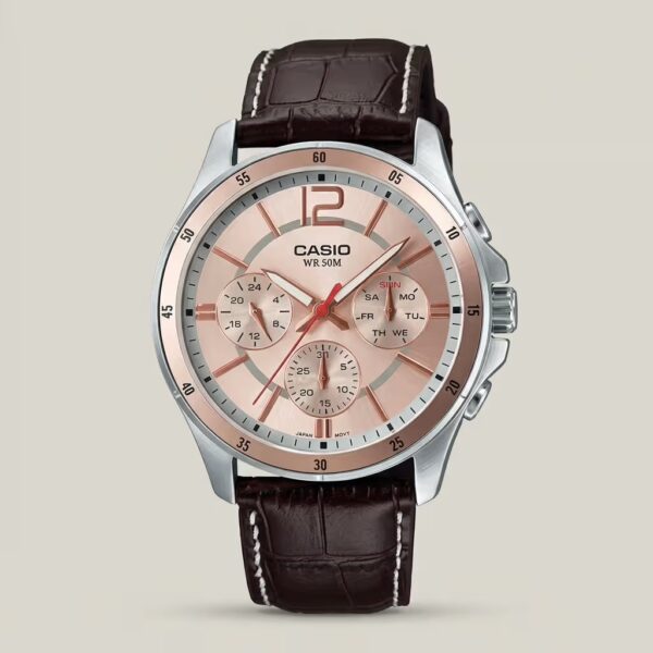 Casio MTP-1374L-9AV Pink Dial Chronograph black Leather Band Men's Wrist Watch In Pakistan