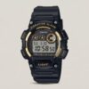 Casio W-735H-1AVDF digital sports watch with vibration alerts, white Super Illuminator LED, and rugged black resin design.