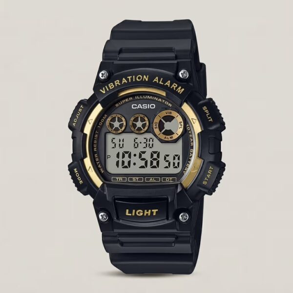 Casio W-735H-1AVDF digital sports watch with vibration alerts, white Super Illuminator LED, and rugged black resin design.