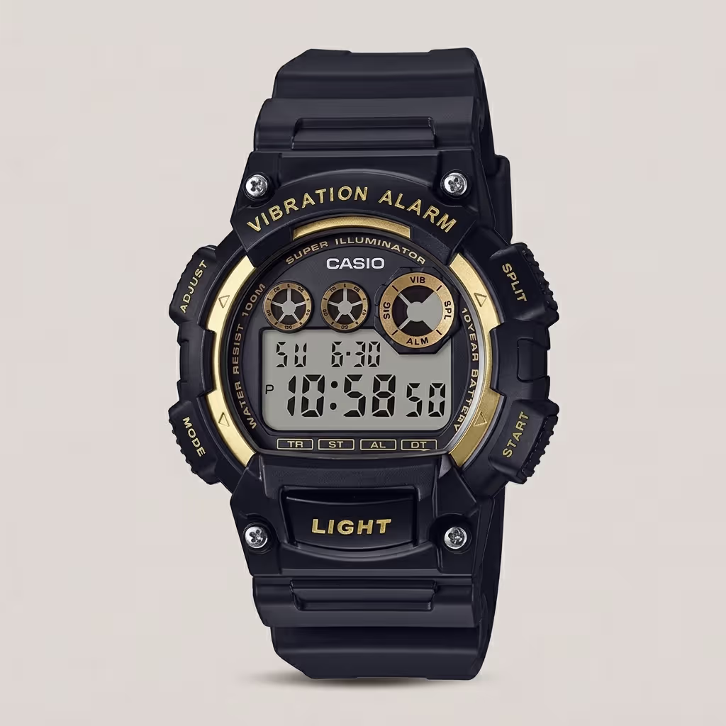 Casio W-735H-1AVDF digital sports watch with vibration alerts, white Super Illuminator LED, and rugged black resin design.