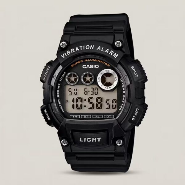 Casio W-735H-1AVDF men's digital black resin watch with vibration alarm, Super Illuminator light, 100M water resistance and 10-year battery