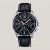 Casio MTP-1374L-1A analog watch with black dial, genuine leather strap, subdials for day, date, and 24-hour time, and 50-meter water resistance.