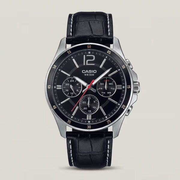 Casio MTP-1374L-1A analog watch with black dial, genuine leather strap, subdials for day, date, and 24-hour time, and 50-meter water resistance.