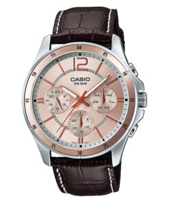 Casio MTP-1374L-9AV Pink Dial Chronograph black Leather Band Men's Wrist Watch In Pakistan