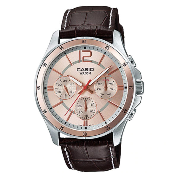 Casio MTP-1374L-9AV Pink Dial Chronograph black Leather Band Men's Wrist Watch In Pakistan