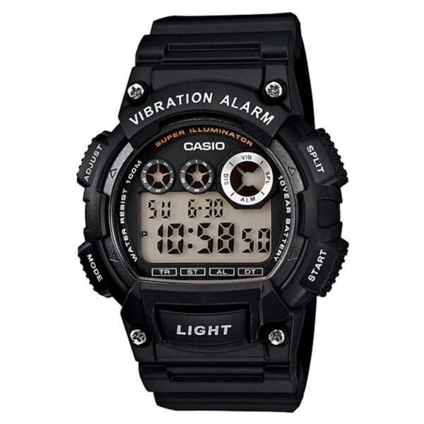 Casio W-735H-1AVDF digital sports watch with vibration alerts, white Super Illuminator LED, and rugged black resin design.