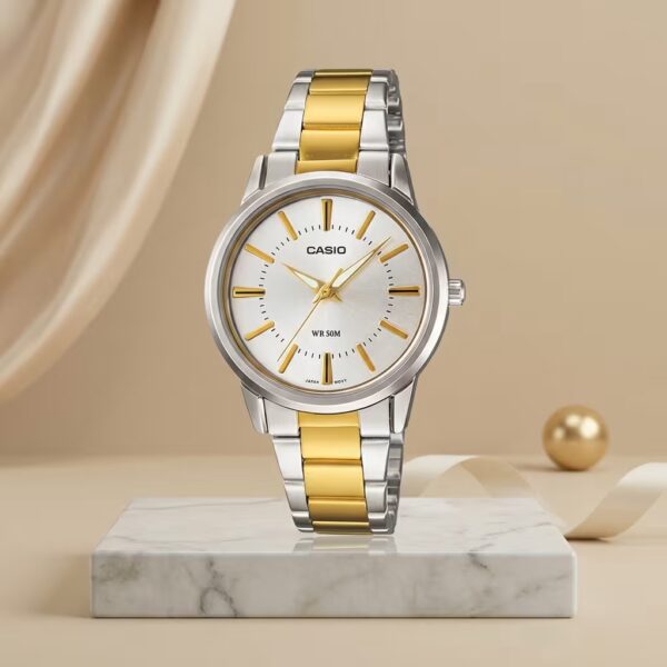 Casio LTP-1303SG-7AV ladies two-tone watch with white dial and silver-gold stainless-steel bracelet