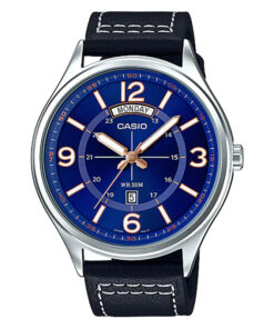 mtp-e129l-2b1 casio geniune leather band ion plated case with blue dial men's gift watch
