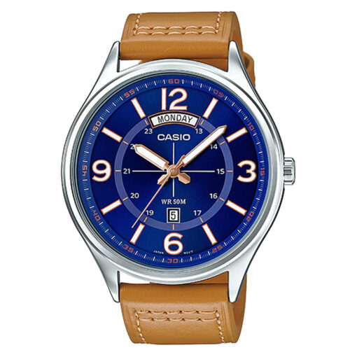 Casio-mtp-e129l-2b2v Blue Dial Brown Leather Band Stylish Men's Gift Watch