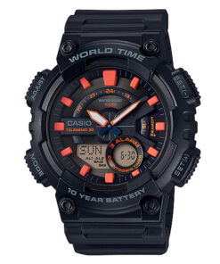 Casio-AEQ-110W-1A2V black resin band round analog digital dial telememo 30 men's wrist watch