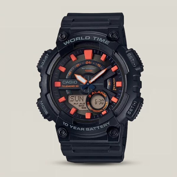 Casio-AEQ-110W-1A2V black resin band round analog digital dial telememo 30 men's wrist watch