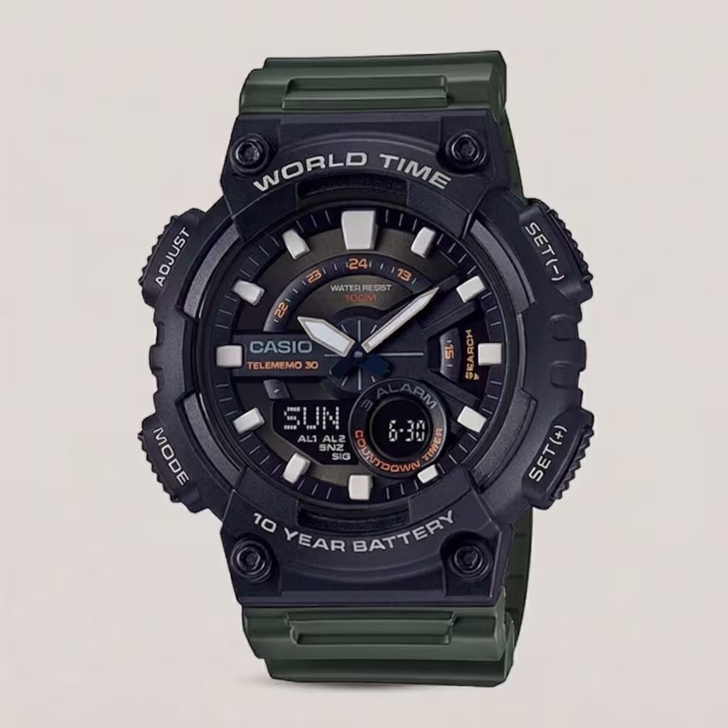 Casio-AEQ-110W-3AVDF analog and digital illuminator world time series wrist watch by watch centre