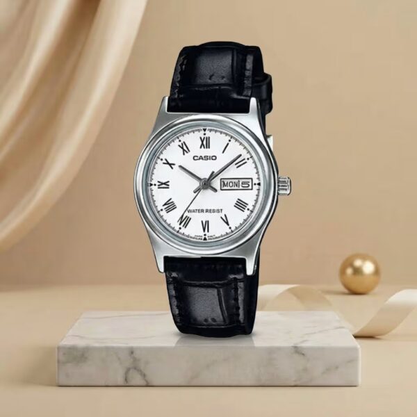 Casio ladies white Roman numeral dial watch with black leather strap, silver-tone case and day-date display