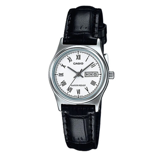 ltp-v006l-7budf casio black Leather band white dial analog woman's gift watch