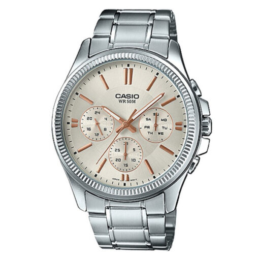 Casio MTP-1375D-7A2 silver stainless steel chain golden multi-hand dial men's quartz watch