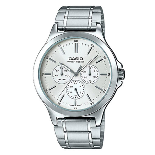 Casio MTP-V300D-7A silver stainless steel chain round multi-hand dial men's dress watch