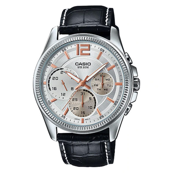 mtp-e305l-7av casio geniune black leather band with timepieces enticer series wrist watch