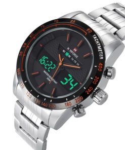 NaviForce 9024 silver stainless steel black dial red hour indicator analog digital wrist watch