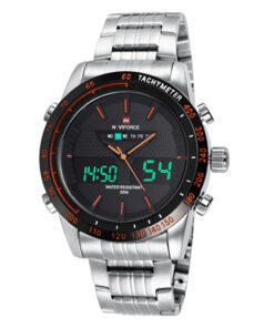 NaviForce 9024 silver stainless steel black dial red hour indicator analog digital wrist watch