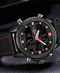Navi Force Dual Time Black Leather Strap Stylish Wrist Watch - Image 2