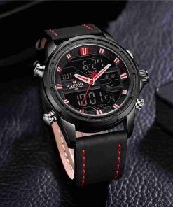 Navi Force Dual Time Black Leather Strap Stylish Wrist Watch - Image 3
