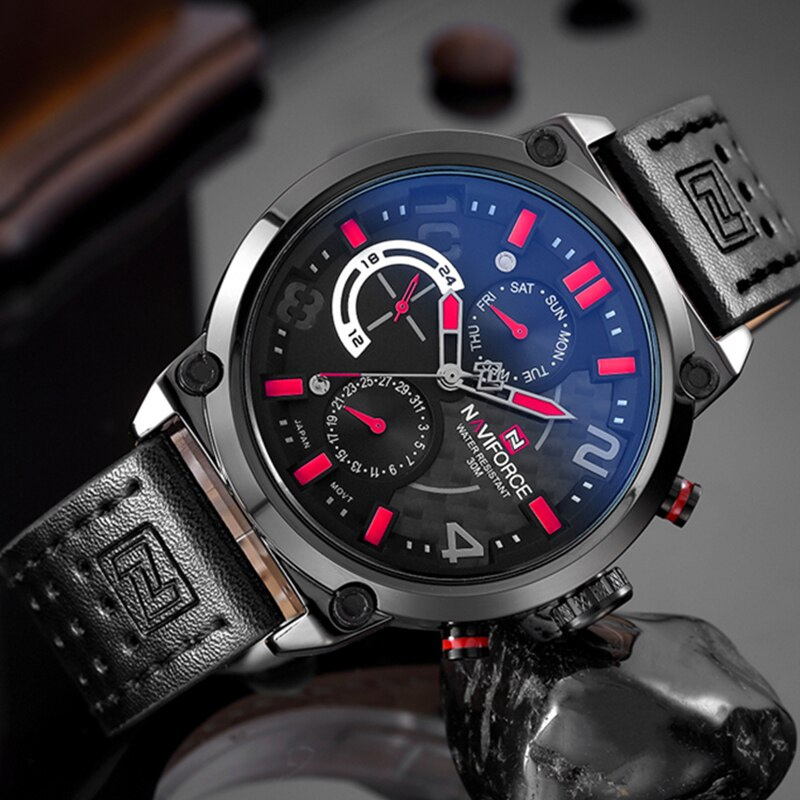 NaviForce-NF9068L black leather strap red/black dial men's sports wrist watch