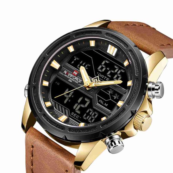 Navi Force Dual Time Brown Leather Strap Wrist Watch