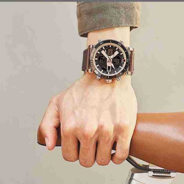 NAVIFORCE Brown Leather Dual Time Sports Wrist Watch - Image 3