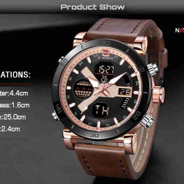 NAVIFORCE Brown Leather Dual Time Sports Wrist Watch - Image 7