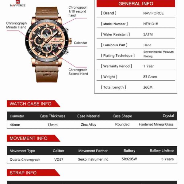 NAVIFORCE New Leather Chronograph Waterproof Watch - Image 5
