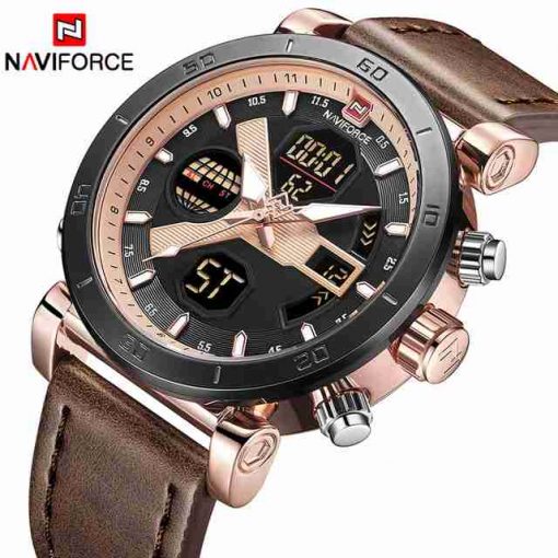 NAVIFORCE Brown Leather Dual Time Sports Wrist Watch - WatchCentre.PK