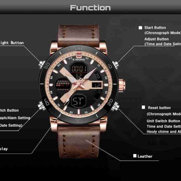 NAVIFORCE Brown Leather Dual Time Sports Wrist Watch - Image 4