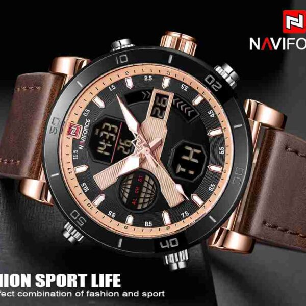 NAVIFORCE Brown Leather Dual Time Sports Wrist Watch - Image 5