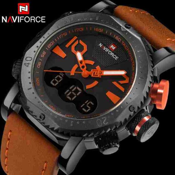 NAVYFORCE Dual Time Orange Leather Strap Wrist Watch - Image 2