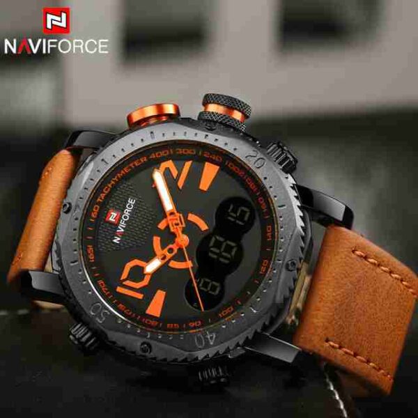 NAVYFORCE Dual Time Orange Leather Strap Wrist Watch - Image 4
