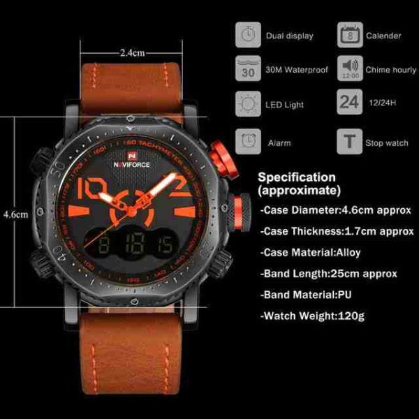 NAVYFORCE Dual Time Orange Leather Strap Wrist Watch - Image 6