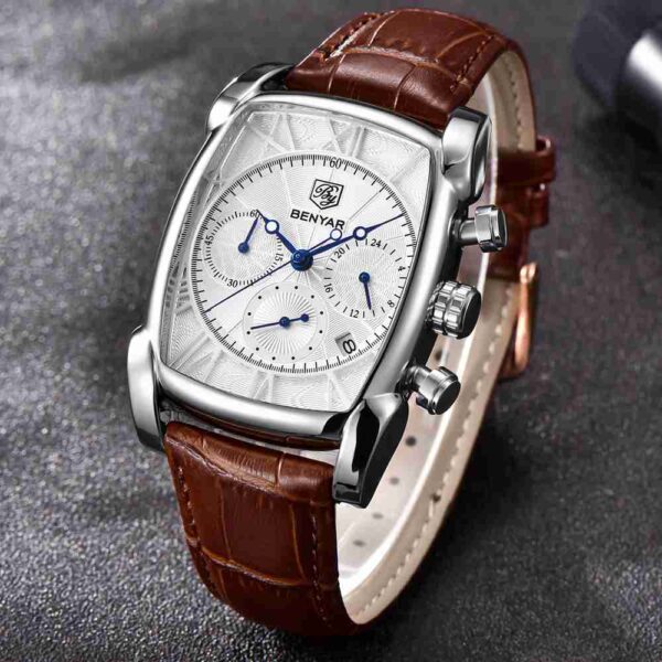 Benyar Leather Sqaure Dial Chronograph Wrist Watch - Image 4