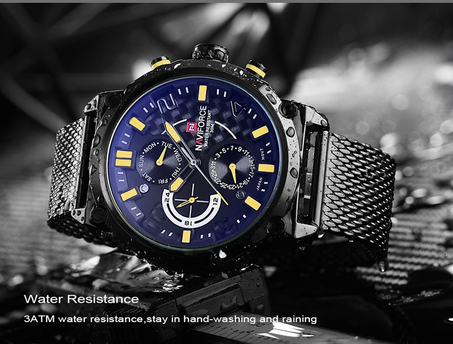 NaviForce-NF9068 black mesh chain multi hand dial men's wrist watch