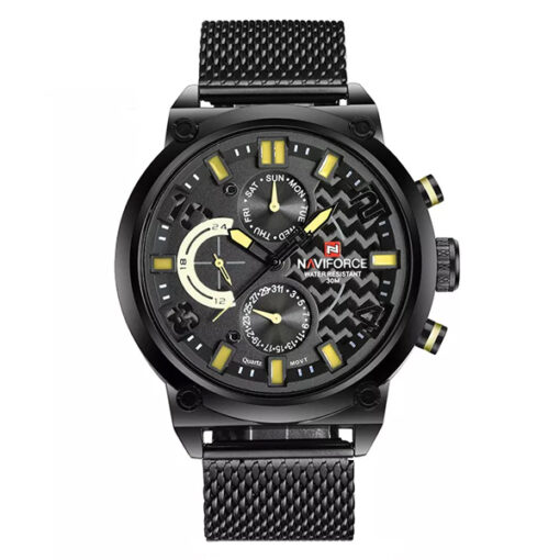 NaviForce-NF9068 black mesh chain yellow black multi hand dial men's sports wrist watch