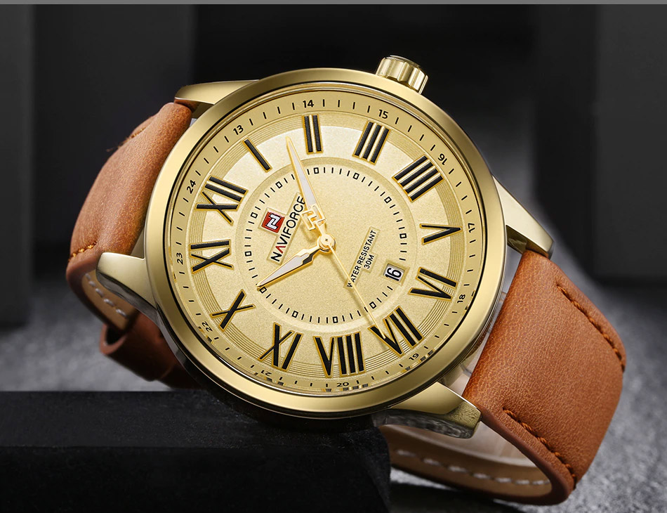 NaviForce-NF9126 round golden analog roman dial men's wrist watch