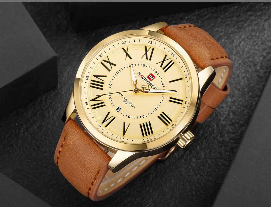 NaviForce-NF9126 men's stylish wrist watch brown leather strap golden dial