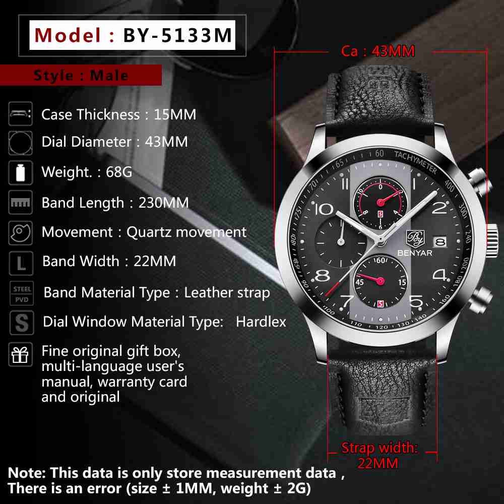 Benyar BY-5133M men's casual wrist watch in black chronograph dial