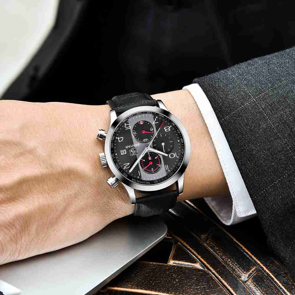 Benyar BY-5133M black leather strap strap men's casua wearing watch