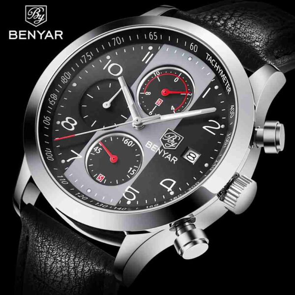 Benyar BY-5133M Black Leather Strap Men’s Casual Wrist Watch - Image 3