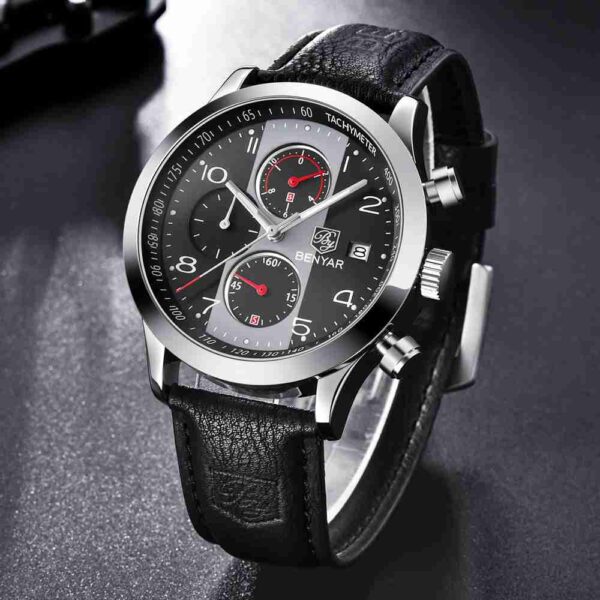 Benyar BY-5133M Black Leather Strap Men’s Casual Wrist Watch - Image 4
